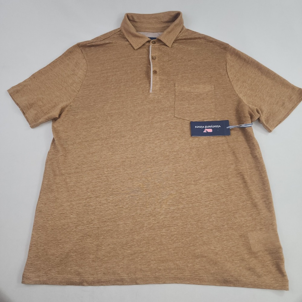 Vineyard Vines Mens Linen Polo Shirt M Toasted Coconut Brown Pocket 1G012801